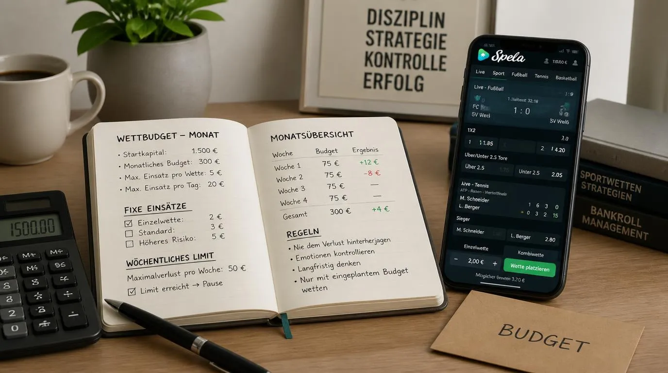 Notizbuch mit Wettbudget, kleinen Einsatzbeträgen und Smartphone mit Sportwettenübersicht