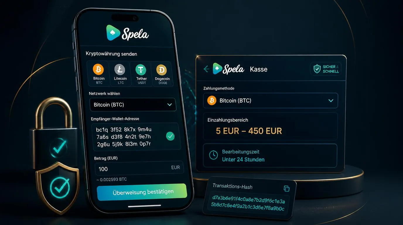 Krypto-Wallet mit geprüfter Empfängeradresse, Blockchain-Auswahl und Bitcoin-Einzahlung
