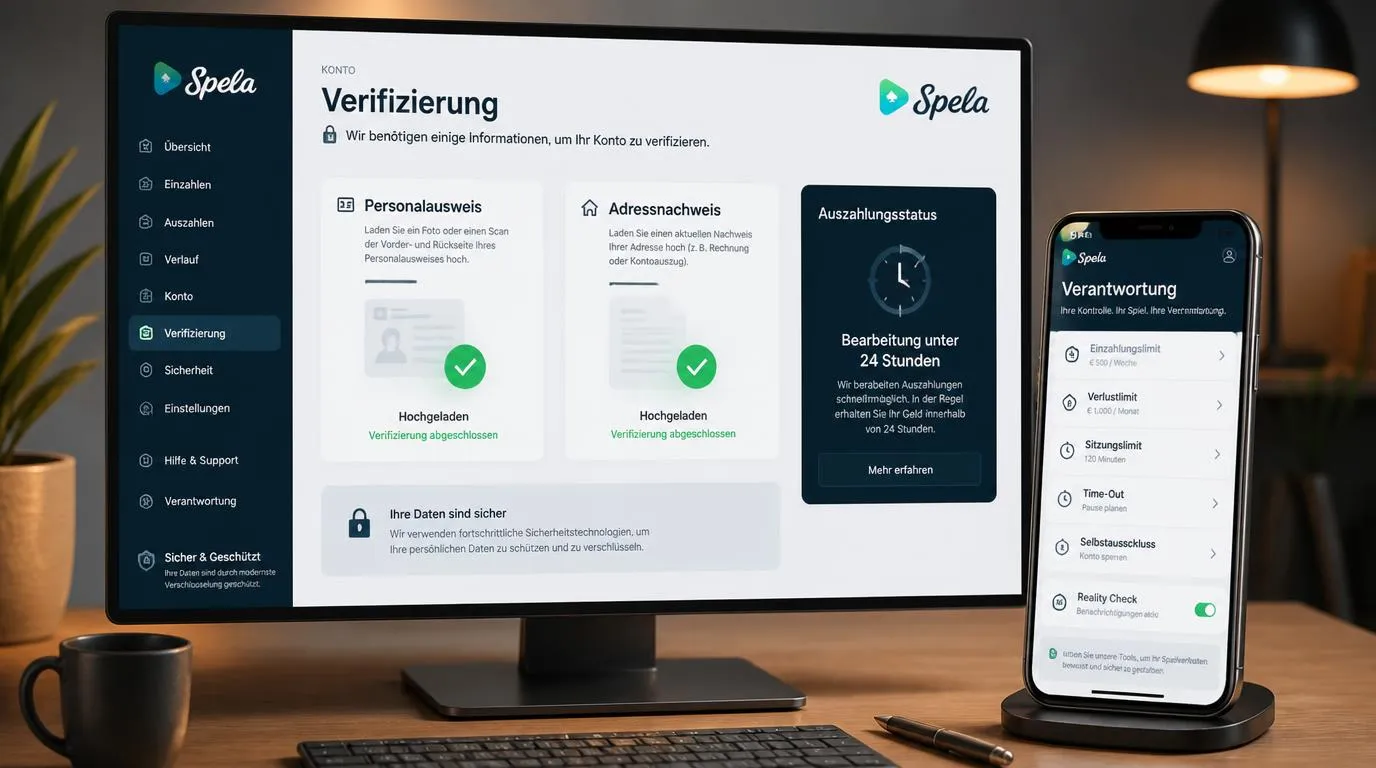 Kontoansicht mit Upload für Ausweis und Adressnachweis sowie aktivierten Spiellimits