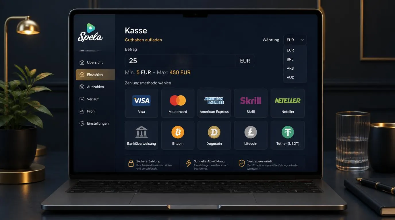 Kassenansicht mit Einzahlungslimit von 5 bis 450 Euro und Auswahl von Karten, E-Wallets und Kryptowährungen