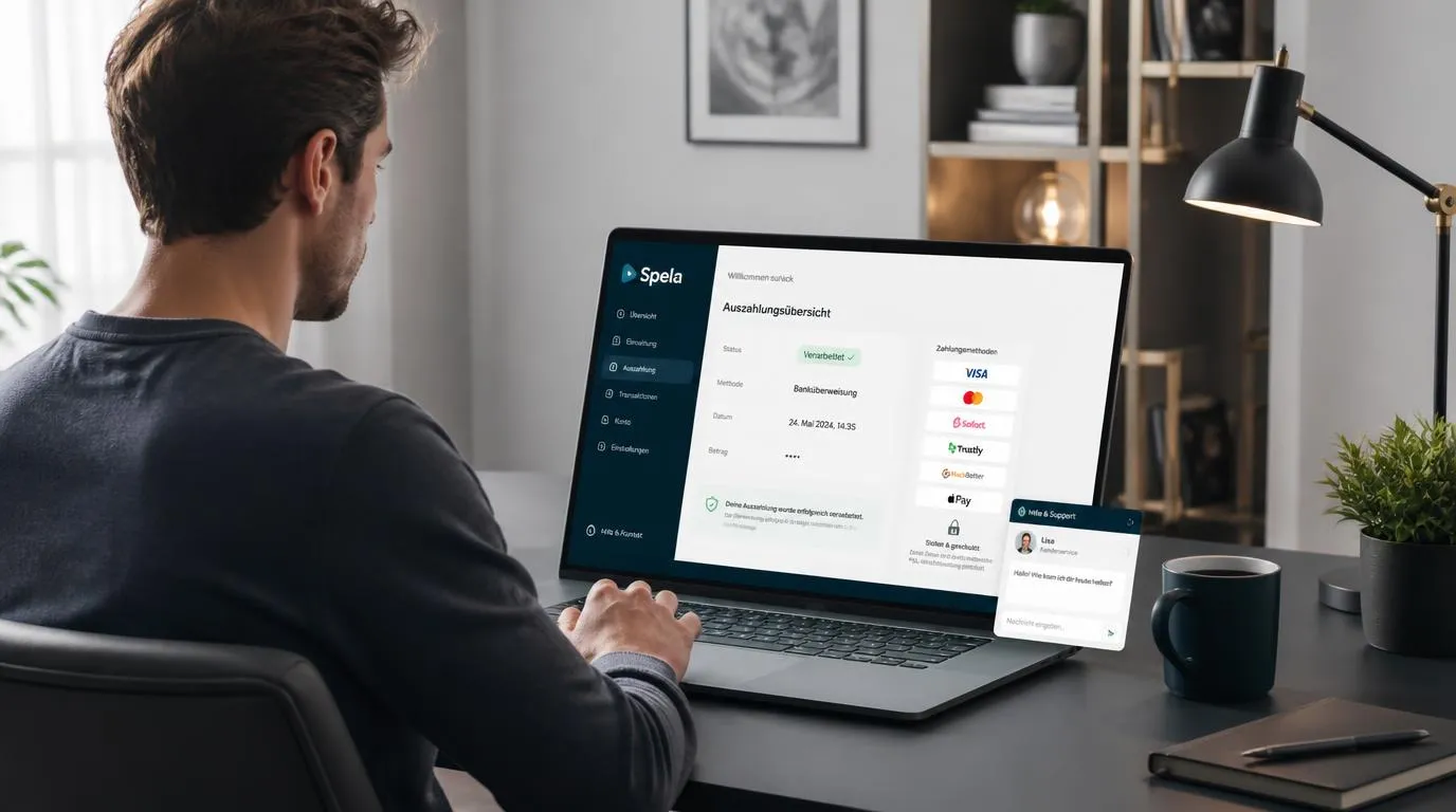 Spielende prüft auf einem Laptop sichere Zahlungsarten und den Status einer schnellen Auszahlung
