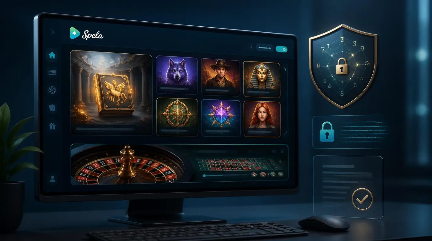 Online-Casino-Oberfläche mit geprüften Spielen, RNG-Symbol und geschützter Datenverbindung