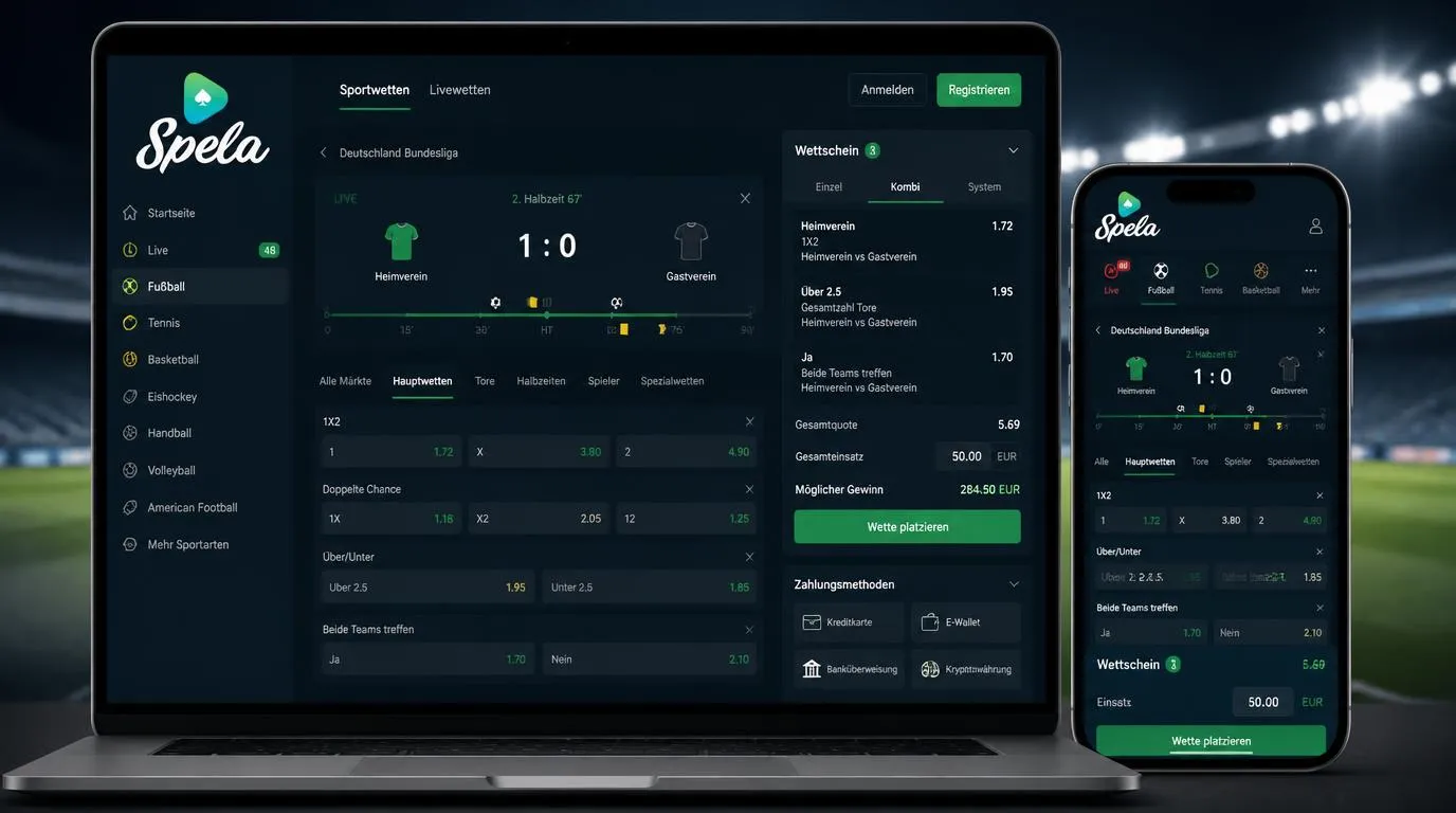Digitaler Wettschein mit Live-Quoten für Fußball, Einzahlung und verfügbaren Wettmärkten
