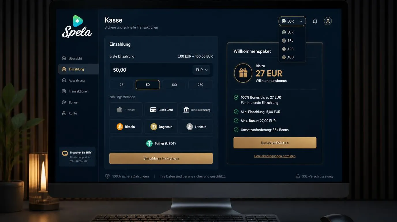 Bonusbereich eines Online-Casinos mit erster Einzahlung, Zahlungsarten und aktiviertem Willkommenspaket