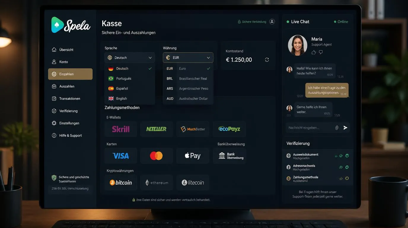 Casino-Kassenbereich mit Sprachwahl, Euro-Zahlung und aktivem Live-Chat