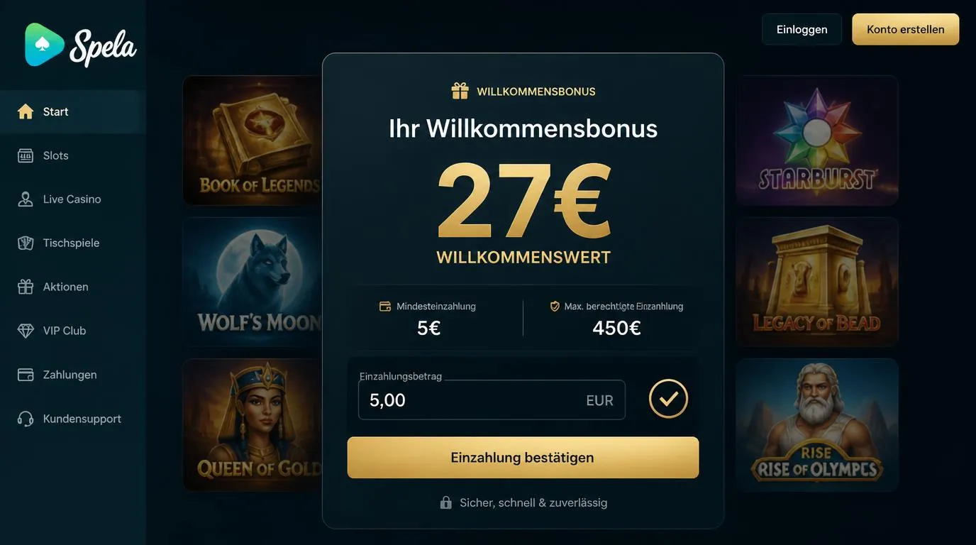 Bonuskarte mit 27€ Willkommensangebot sowie Mindesteinzahlung von 5€ und Höchstbetrag von 450€