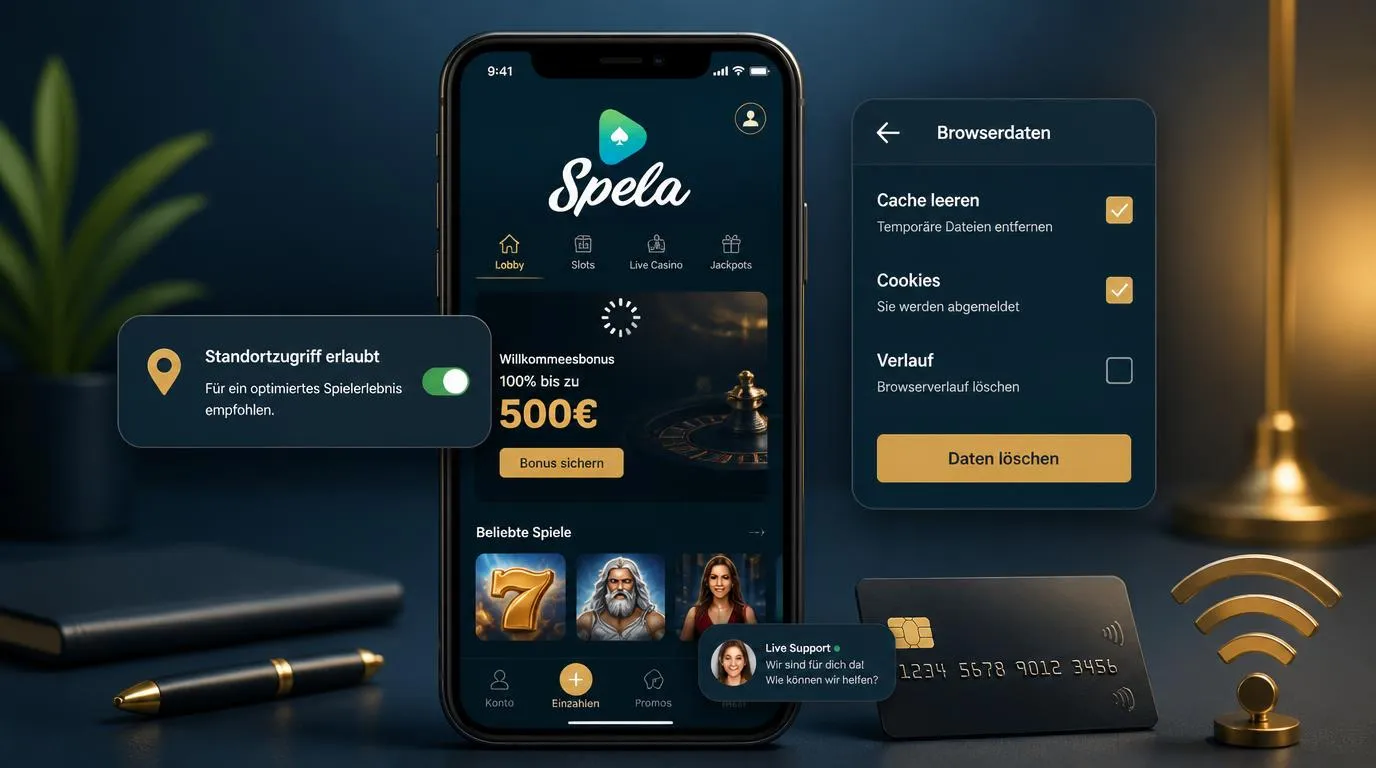 Smartphone mit Casino-App, Ladeanzeige, Standortfreigabe und aktivem Live-Chat für technische Hilfe